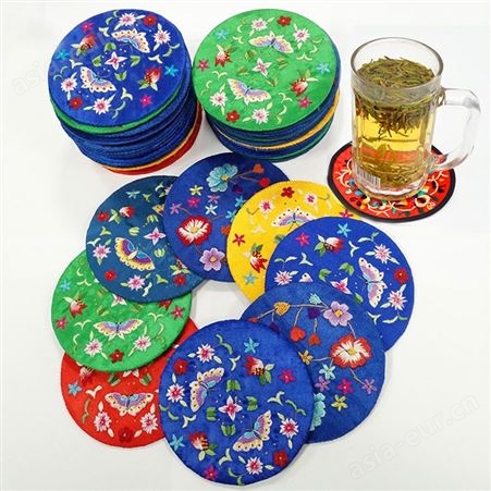 紫金湘绣刺绣茶杯垫 中国风复古功夫茶杯垫创意刺绣杯垫特色礼品