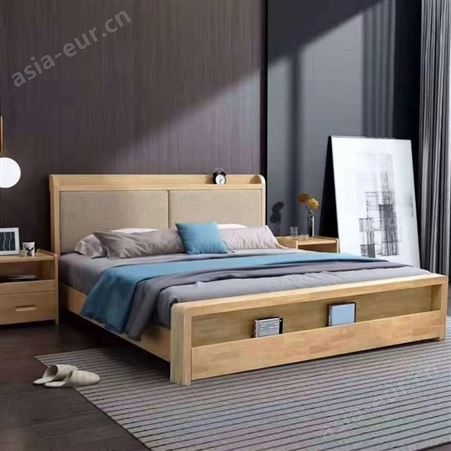 搏德森北欧风格家具橡胶木公寓酒店实木双人床批发多功能储物高箱床厂家