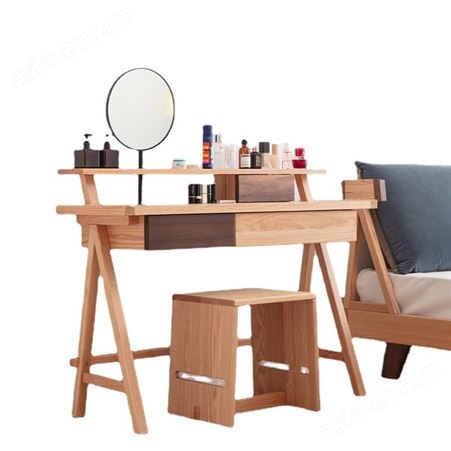 搏德森北欧全实木梳妆台妆凳现代简约收纳柜一体红橡木卧室小户型化妆桌