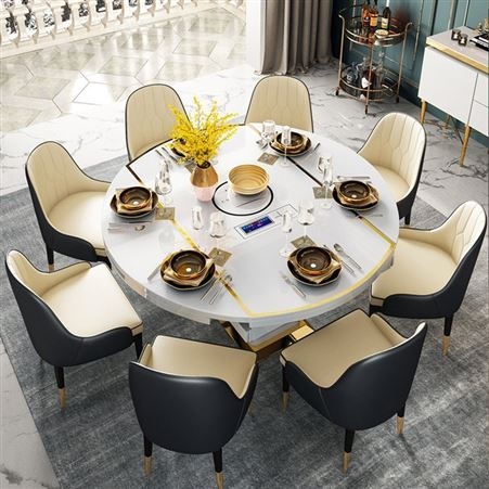 搏德森轻奢多功能可伸缩餐桌椅组合带电磁炉小户型家用圆形饭桌岩板台面家具厂家